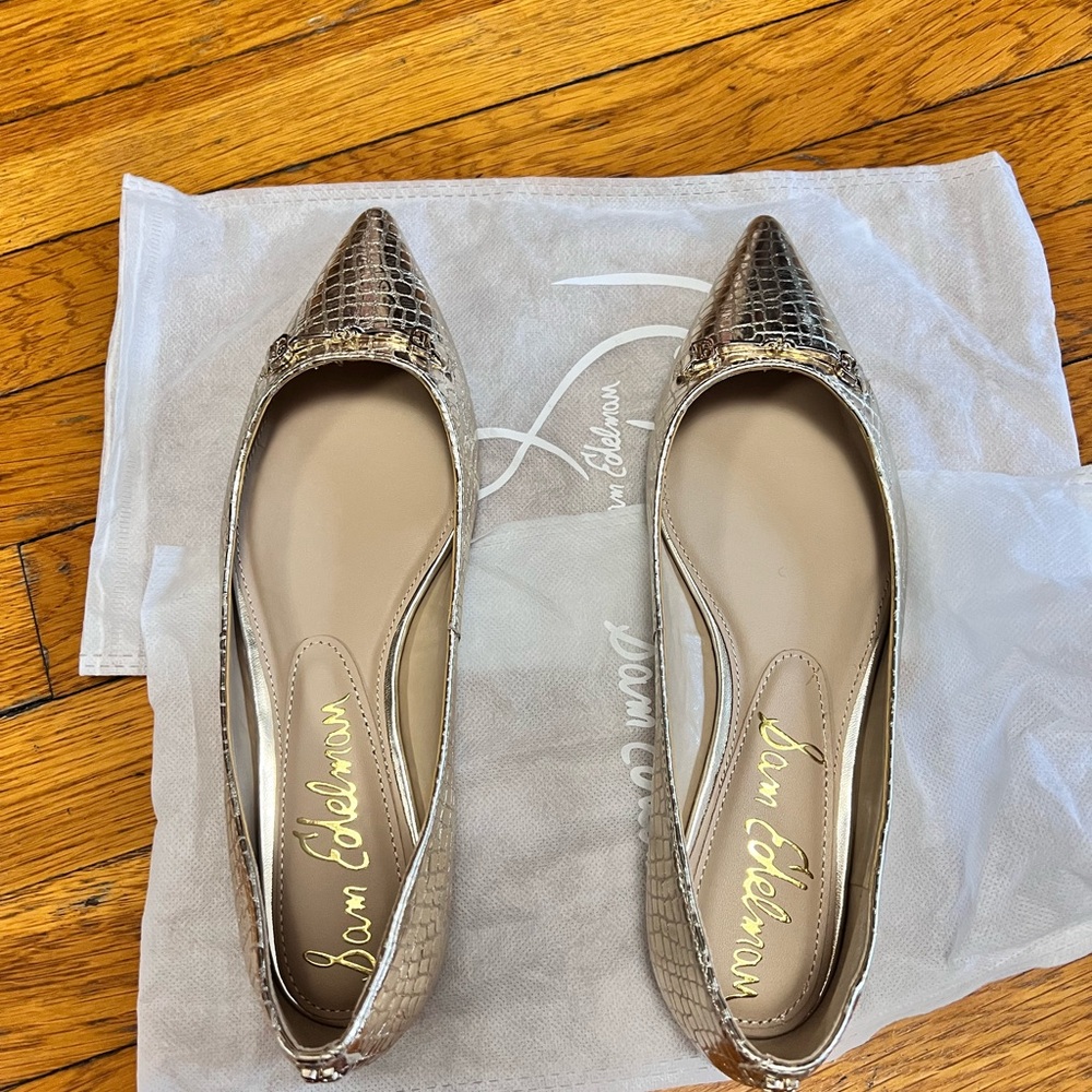 Sam Edelman Metallic Gold Croc-Embossed Pointed Toe Flats